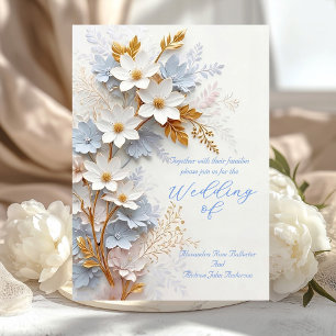 Elegant Wedding Cornflower Blue White Gold Flowers Invitation