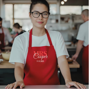 Elegant Wedding Couple Name Red Ivory Colour  Apron