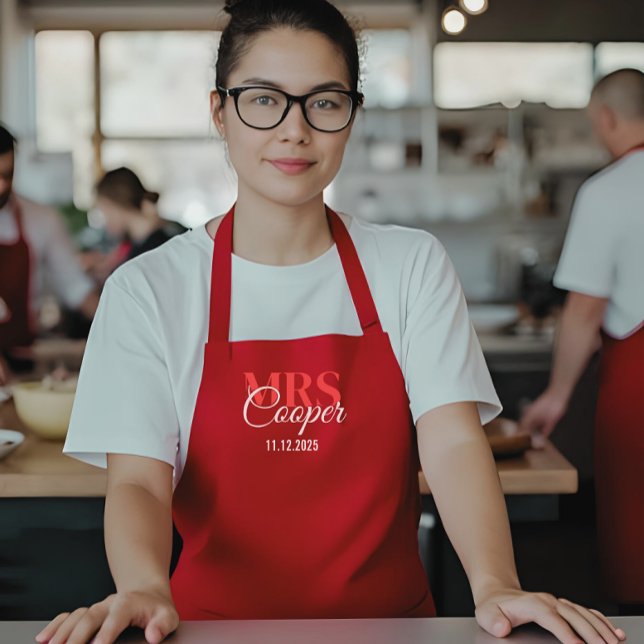 Elegant Wedding Couple Name Red Ivory Colour  Apron (Modern bridal name appron)
