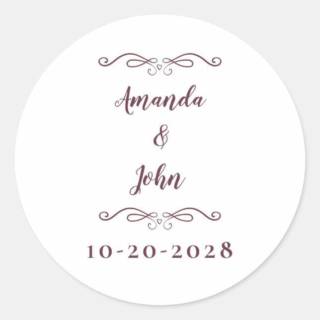 Elegant Wedding Couples Names Chic Burgundy Classic Round Sticker (Front)