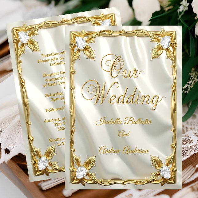 Elegant Wedding Cream White Faux Silk Gold Diamond Invitation (Creator Uploaded)