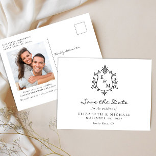 Elegant Wedding Crest Monogram Photo Save The Date Announcement Postcard