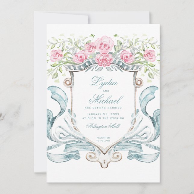 Elegant Wedding Crest w/ Roses | Monogram  Invitation (Front)