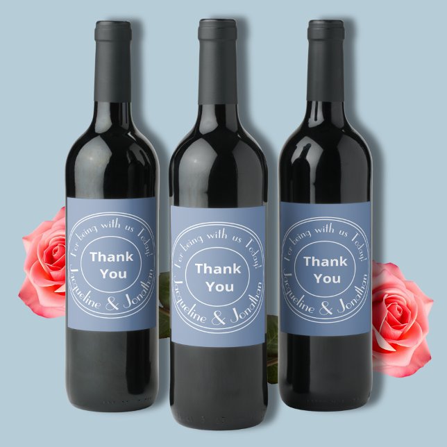Elegant Wedding Custom Names Thank You Dusty Blue  Wine Label (Thank You for being with us on our special day.)