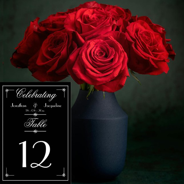 Elegant Wedding Custom Script Names Black & White  Table Number (Simple elegant script, classic black & white chic wedding table numbers.)