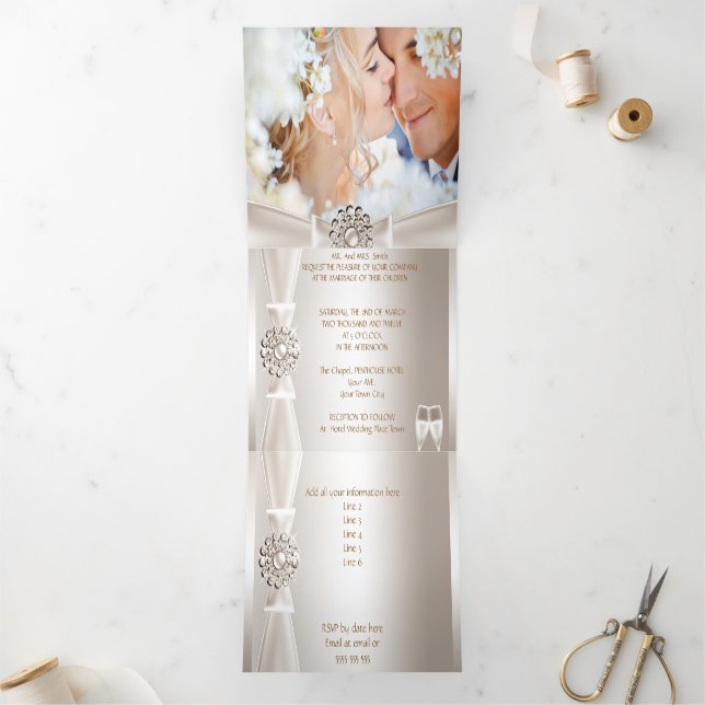 Elegant Wedding Damask Cream White Champagne 3 Tri-Fold Invitation (Inside)