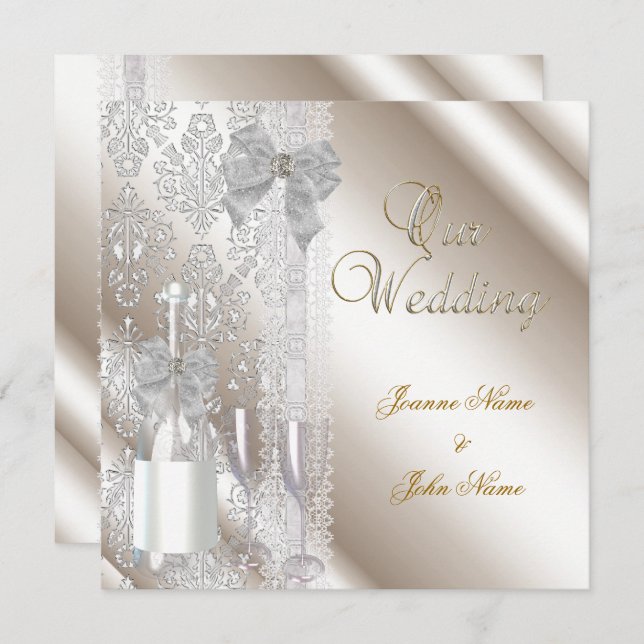 Elegant Wedding Damask Cream White Champagne Invitation (Front/Back)