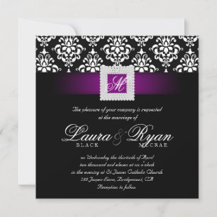 Elegant Wedding Damask Jewel Purple Black White Sq Invitation
