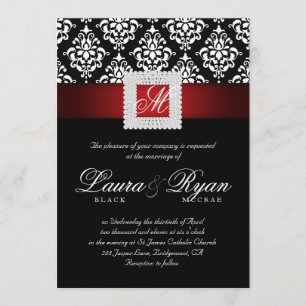 Elegant Wedding Damask Jewels Red Black White Invitation