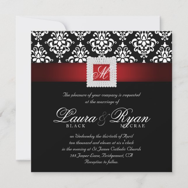 Elegant Wedding Damask Jewels Red Black White Sq Invitation (Front)