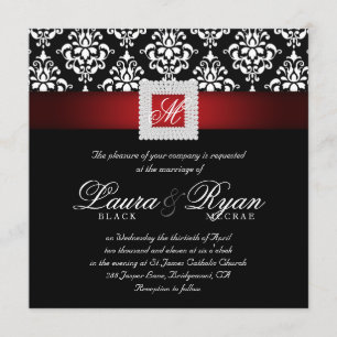 Elegant Wedding Damask Jewels Red Black White Sq Invitation