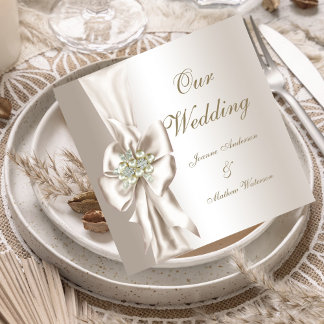 Elegant Wedding Damask Pearl Cream White Bow Invitation