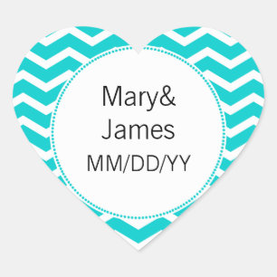 Elegant Wedding Date Blue Chevron Pattern Heart Sticker