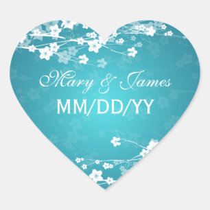 Elegant Wedding Date Cherry Blossom Blue Heart Sticker