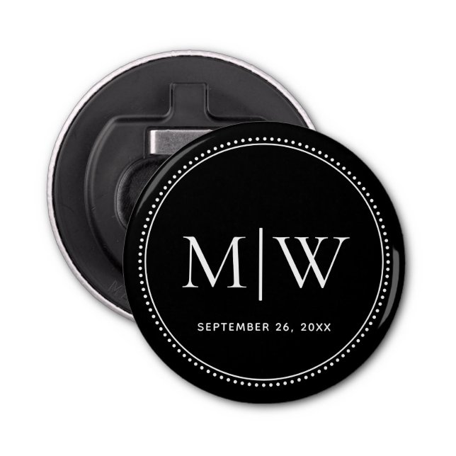 Elegant Wedding Date Couple Monogram Black Bottle Opener (Front)