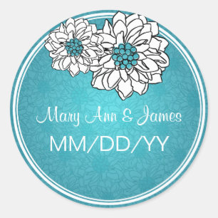 Elegant Wedding Date Dahlia Floral Blue Classic Round Sticker