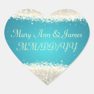 Elegant Wedding Date Dazzling Sparkles Turquoise Heart Sticker