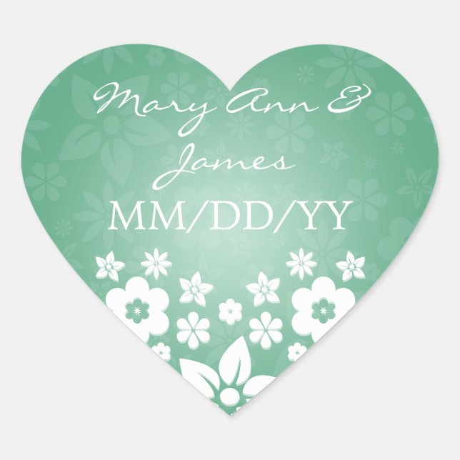 Elegant Wedding Date Flowery Heart Mint Green Heart Sticker (Front)