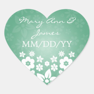 Elegant Wedding Date Flowery Heart Mint Green Heart Sticker