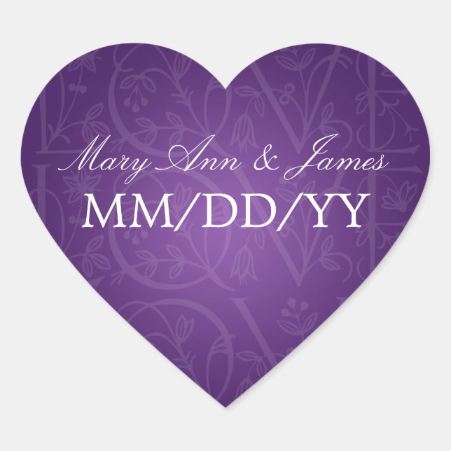 Elegant Wedding Date Love Flourish Purple Heart Sticker (Front)