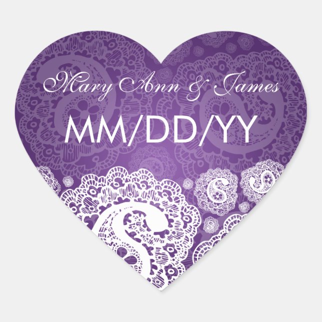 Elegant Wedding Date Paisley Lace Purple Heart Sticker (Front)