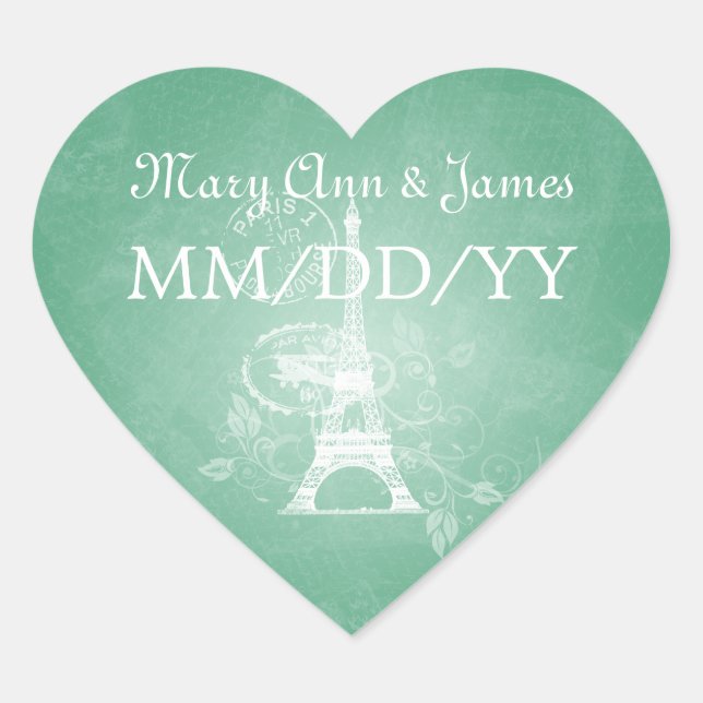Elegant Wedding Date Romantic Paris Mint Green Heart Sticker (Front)