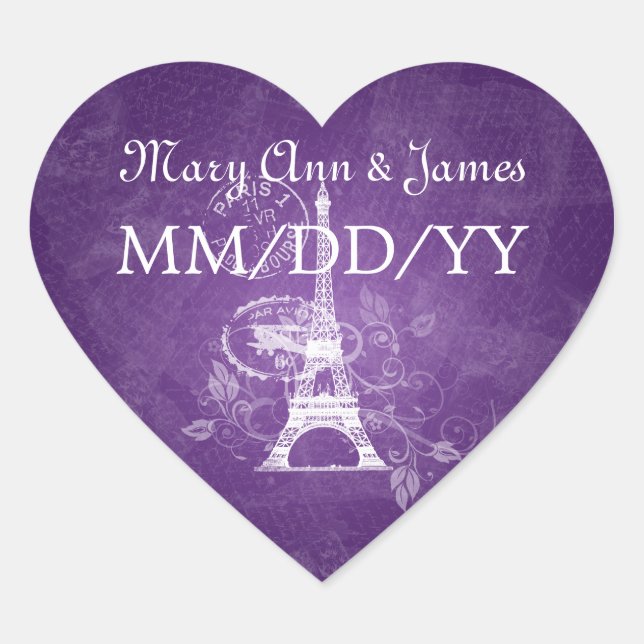 Elegant Wedding Date Romantic Paris Purple Heart Sticker (Front)