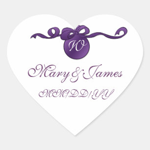 Elegant Wedding Date Swirly Bow Monogram Purple Heart Sticker