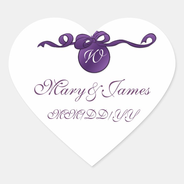 Elegant Wedding Date Swirly Bow Monogram Purple Heart Sticker (Front)
