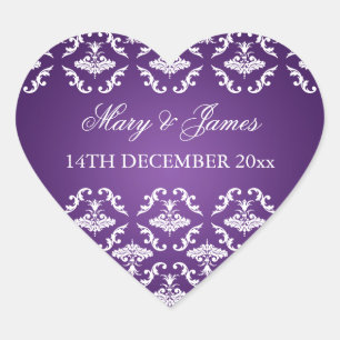 Elegant Wedding Date Vintage Damask Purple Heart Sticker