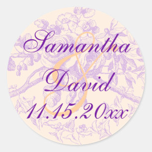 Elegant Wedding Date Vintage Floral Decor Purple Classic Round Sticker