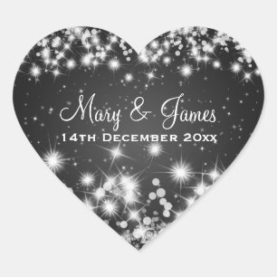 Elegant Wedding Date Winter Sparkle Black Heart Sticker