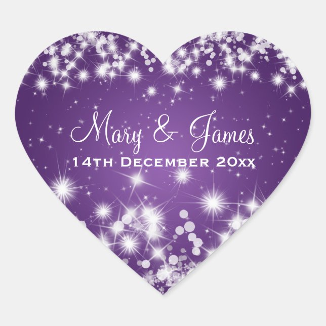 Elegant Wedding Date Winter Sparkle Purple Heart Heart Sticker (Front)