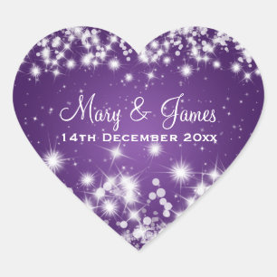 Elegant Wedding Date Winter Sparkle Purple Heart Sticker