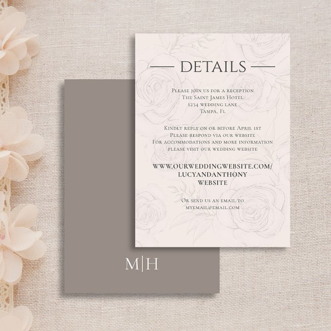 Elegant Wedding Details Blush Floral Greenery Enclosure Card (Simple Wedding details card with elegant floral blush and taupe backgrounds)