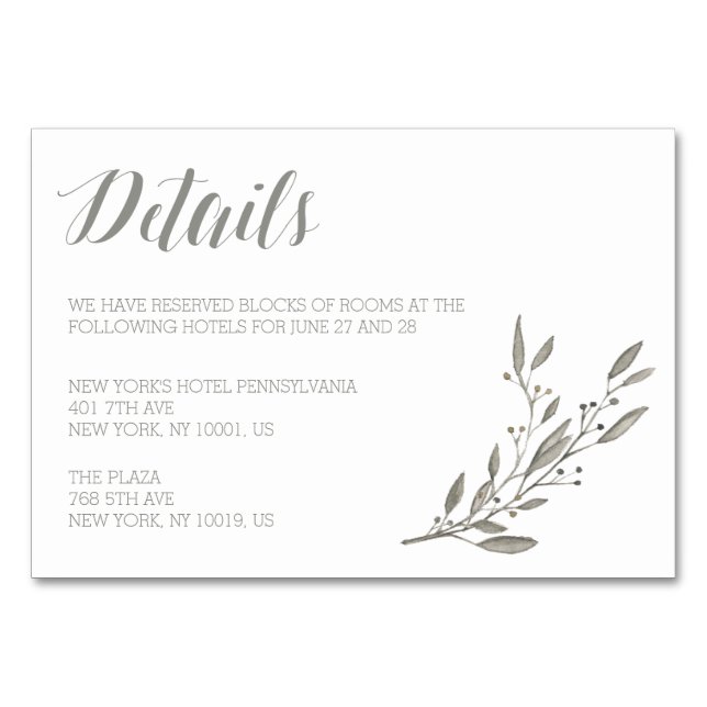 Elegant Wedding Details Cards Grey Floral (Front)