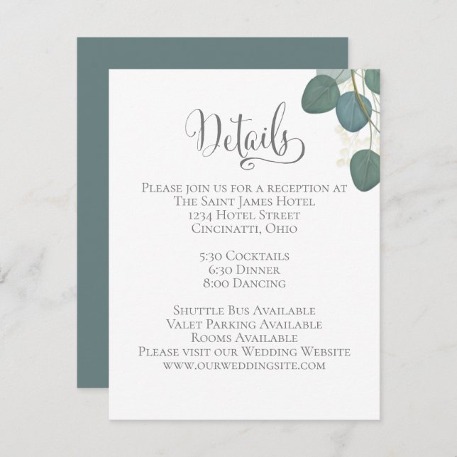 Elegant Wedding Details Green Eucalyptus Leaves Enclosure Card (Front/Back)