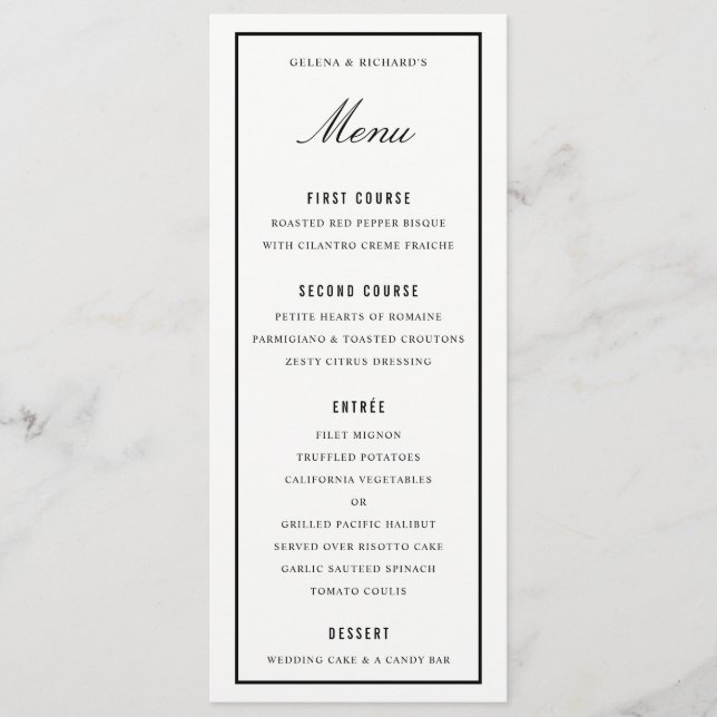 Elegant Wedding Dinner Black White Thick Border Menu (Front)