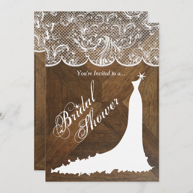 Elegant Wedding Dress and Lace on Barn Wood  Invitation (Front/Back)