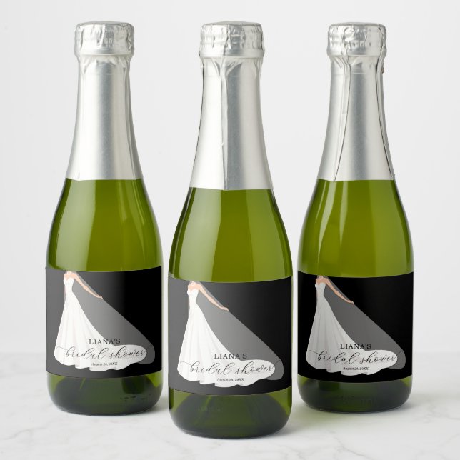 Elegant Wedding Dress Bridal Shower Black Mini Sparkling Wine Label (Bottles)