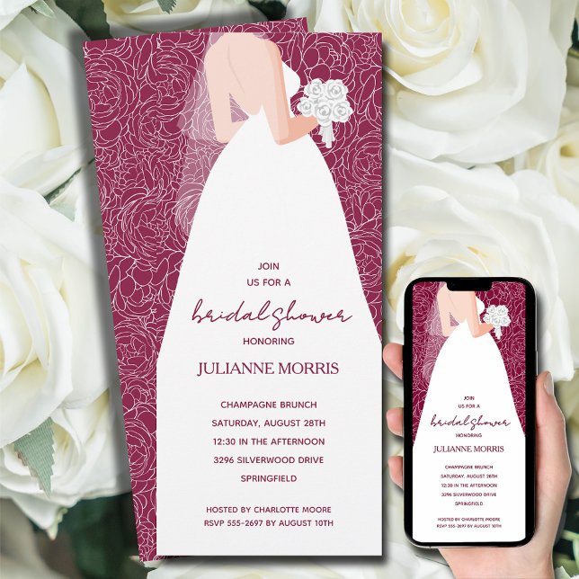 Elegant Wedding Dress Bridal Shower Cranberry Invitation (Bride in her wedding dress overlays white rose sketch pattern on cranberry bridal shower invitations)