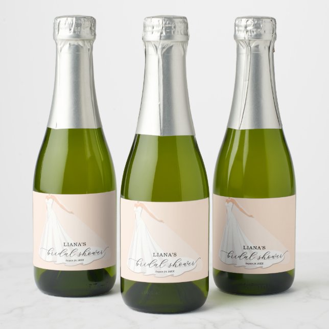 Elegant Wedding Dress Bridal Shower Peach Mini Sparkling Wine Label (Bottles)