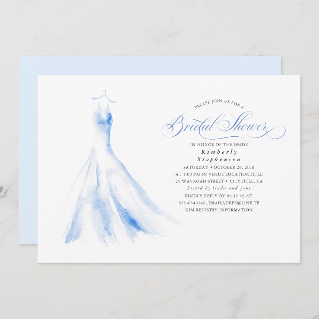 Elegant Wedding Dress Dusty Blue Bridal Shower Invitation (Front/Back)