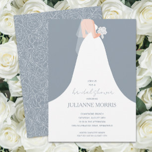 Elegant Wedding Dress on Dusty Blue Bridal Shower Invitation