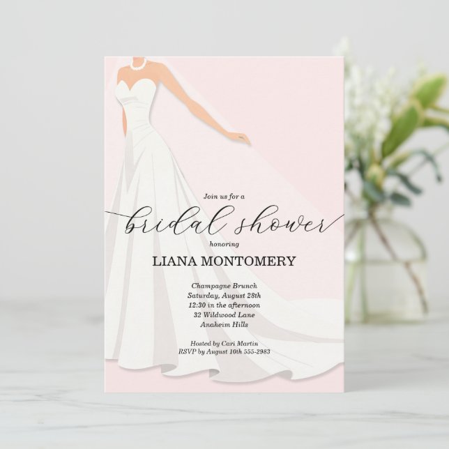 Elegant Wedding Dress Pink Bridal Shower Invitation (Standing Front)