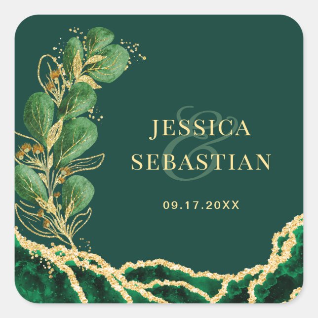 Elegant Wedding Emerald & Gold Agate Eucalyptus Square Sticker (Front)