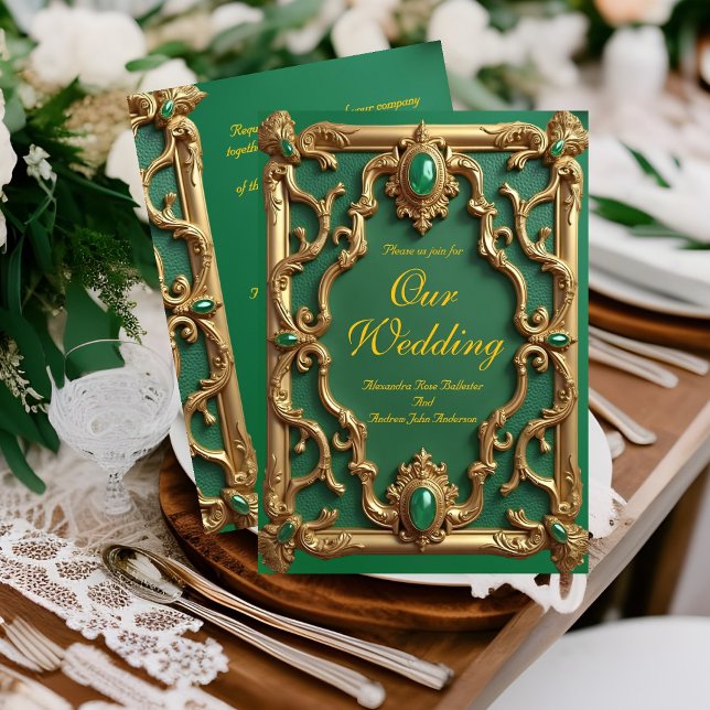 Elegant Wedding Emerald Green Gems Gold Ornate Invitation (Creator Uploaded)