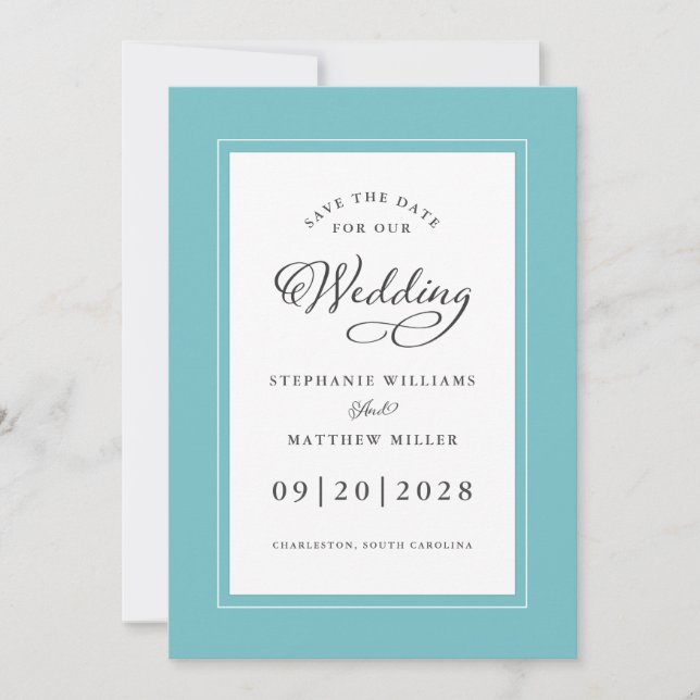 Elegant Wedding Engagement Calligraphy Aqua White  Save The Date (Front)