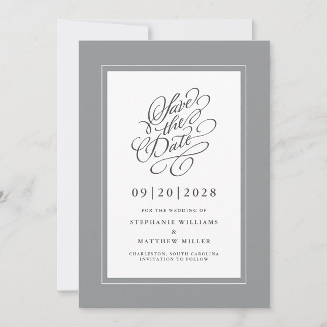 Elegant Wedding Engagement Calligraphy Script Grey Save The Date (Front)