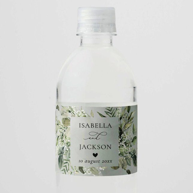 Elegant Wedding Eucalyptus Green Foliage Botanical Water Bottle Label (Creator Uploaded)